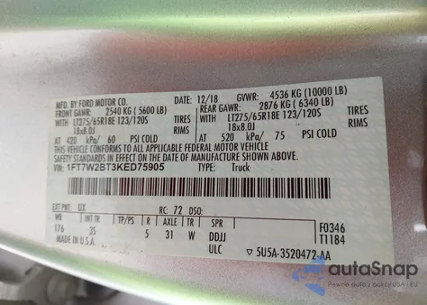 2019 Ford F-250 Xlt из США, поврежденный, VIN 1FT7W2BT3KED75905